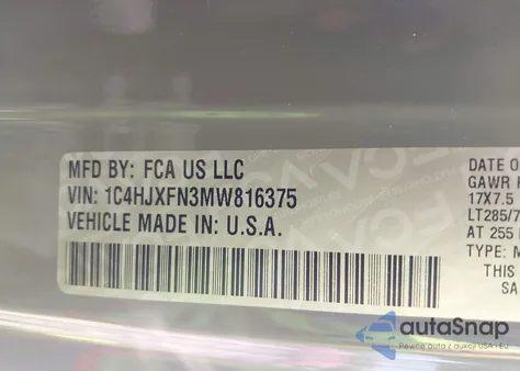 2021 Jeep Wrangler Unlimited Rubicon 4X4 z USA, uszkodzony, nr VIN 1C4HJXFN3MW816375